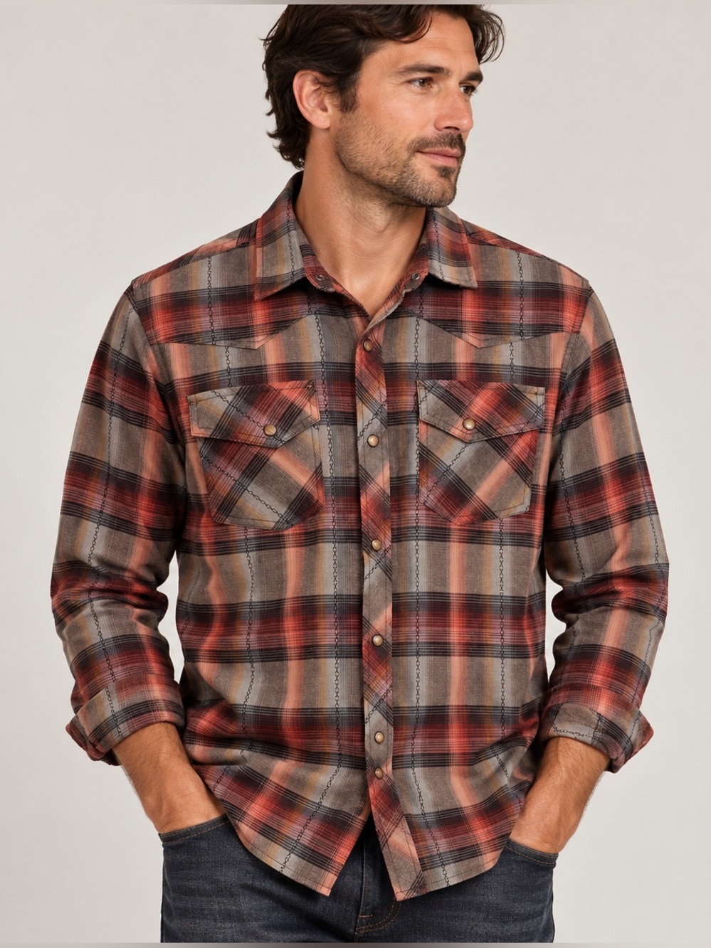 prAna Men’s Plaid Western Pearl Snap Shirt Organic Cotton Size M